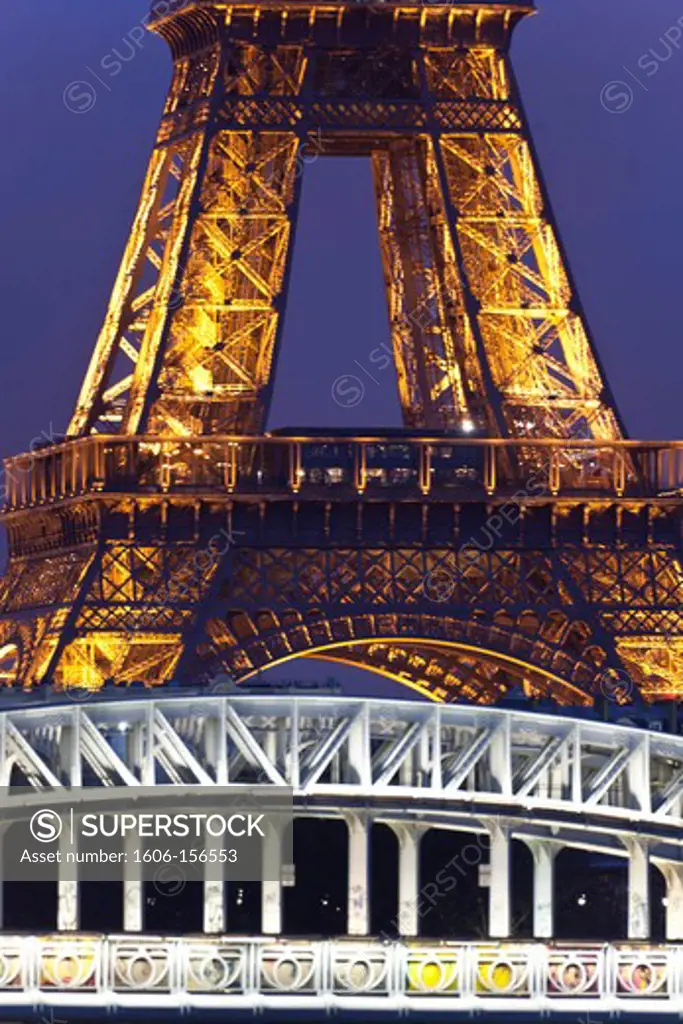 France, Paris, Eiffel Tower and RER bridge over the Seine river
