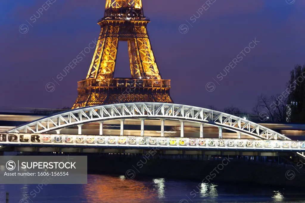 France, Paris, the Eiffel tower and RER bridge over the Seine river