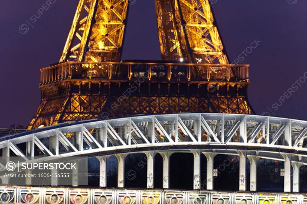 France, Paris, the Eiffel tower and RER bridge over the Seine river