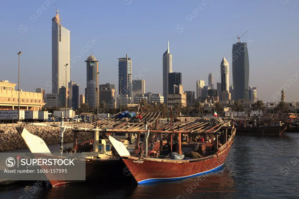 Kuwait, Kuwait City, skyline, fishing boats, general view,