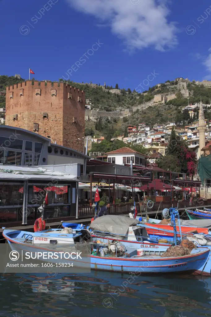 Turkey, Alanya, Red Tower, fortress, harbour, fishing boats,