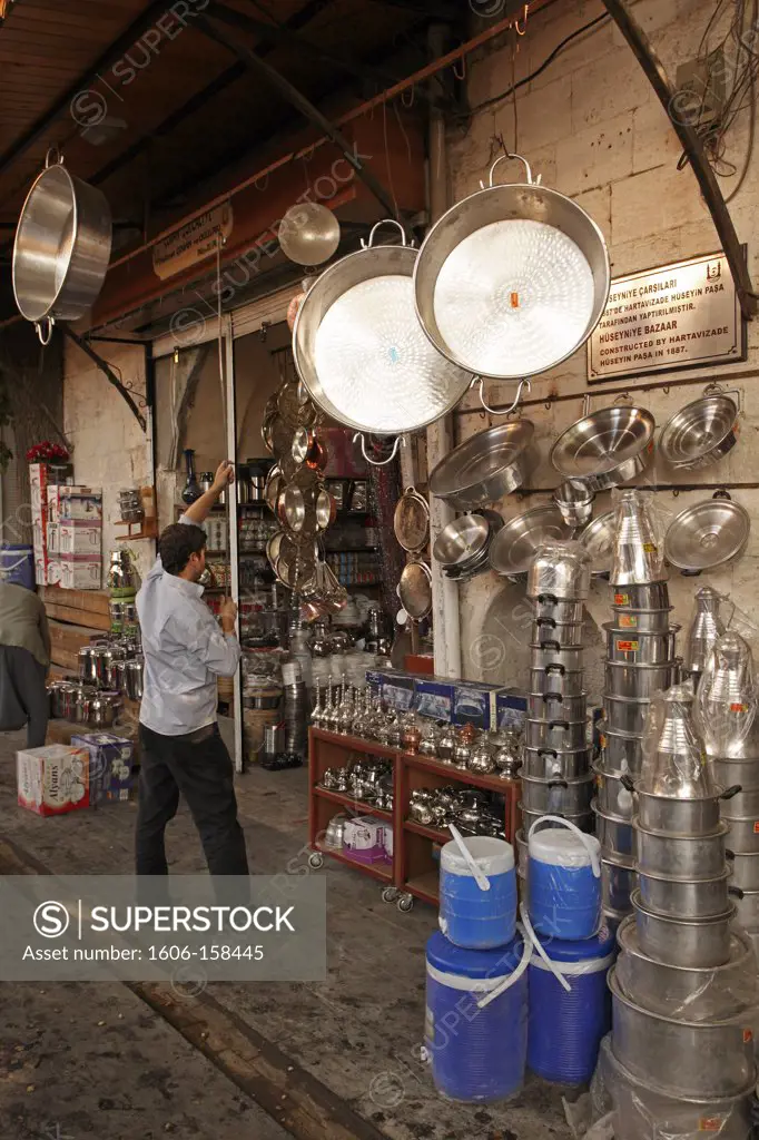 Turkey, Sanliurfa, bazaar, pots and pans shop,