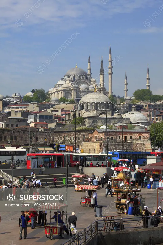 Turkey; Istanbul; Eminönü, docks, Suleymaniye, Rustem Pasa Mosques, general view,