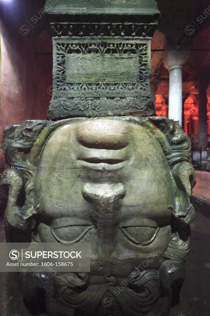 Turkey; Istanbul; Basilica Cistern, Medusa head statue,