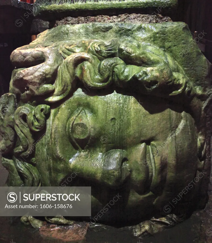 Turkey; Istanbul; Basilica Cistern, Medusa head statue,