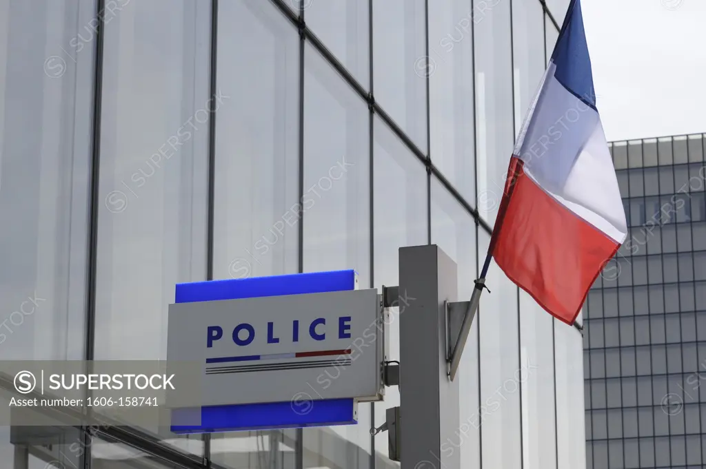 France, Paris, Sign Police, French flag, on the square BNF Fracois Mitterand