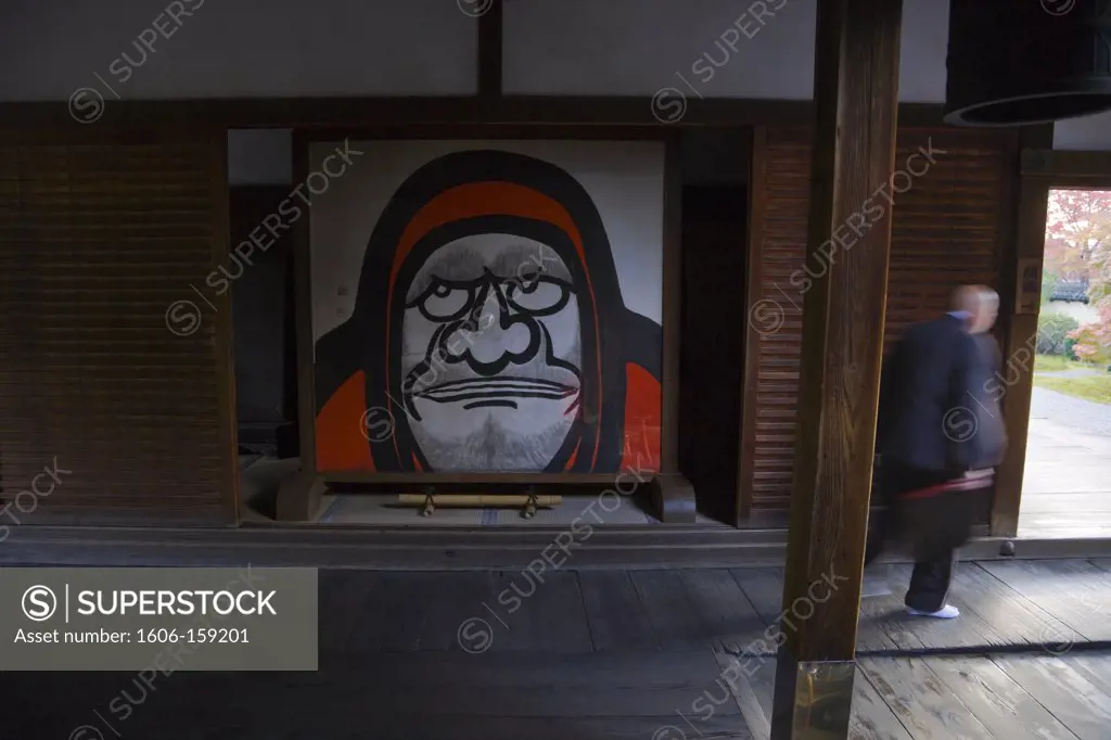 An interior view shows a hand-painted tsuitate free-standing screen inside Tojiin Temple, located in the northern part of Kyoto, Japan.