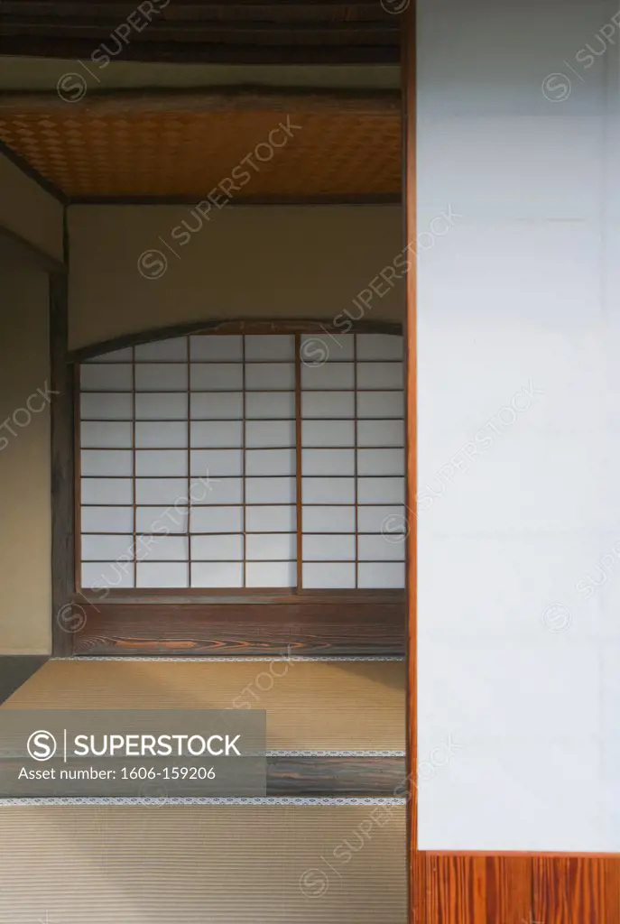 A detailed view shows the traditional tokonoma alcove inside the Seiren-tei tea pavilion at Tojiin Temple, located in the northern part of Kyoto, Japan.