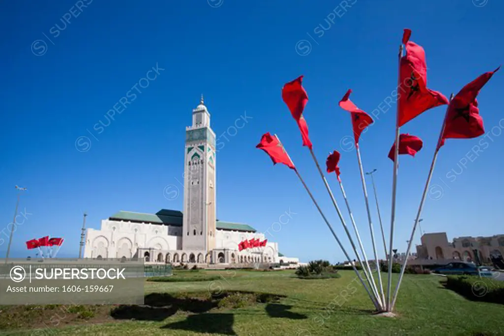 Morocco-Casablanca City-Hassan II Mosque-Tallest Minaret in the world (210 m.)-Morocco Flag