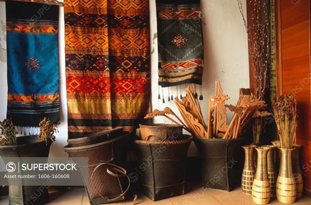 Laos, Vientiane, handicraft shop. textiles,