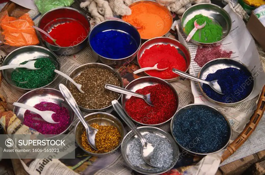 India; West Bengal, Kalimpong, market, coloured powders,
