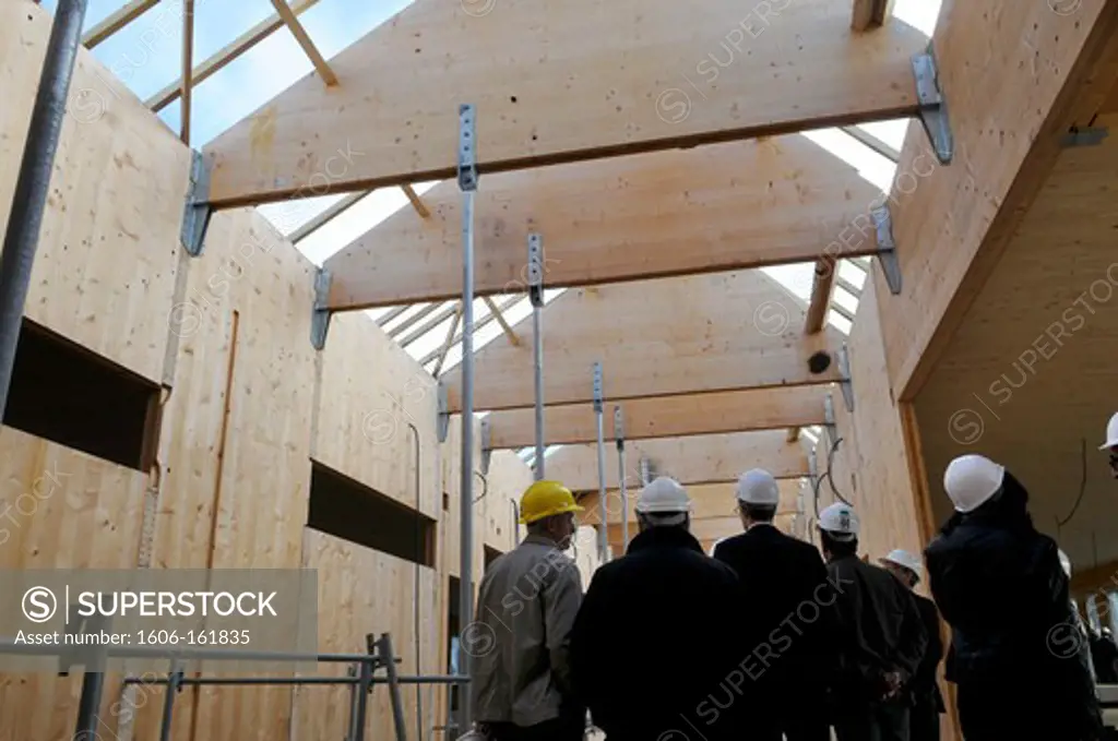 France, 44, Heric, Construction site of a college according to BBC standard , wooden structure, building low-energy, site visit.