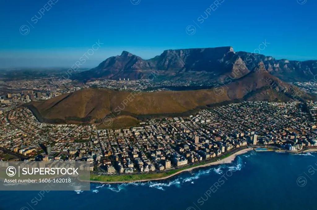 South Africa, Western Cape Province, Cape Town, aerial view on the city, Table Mountain, Lion's Head and Signal Hill