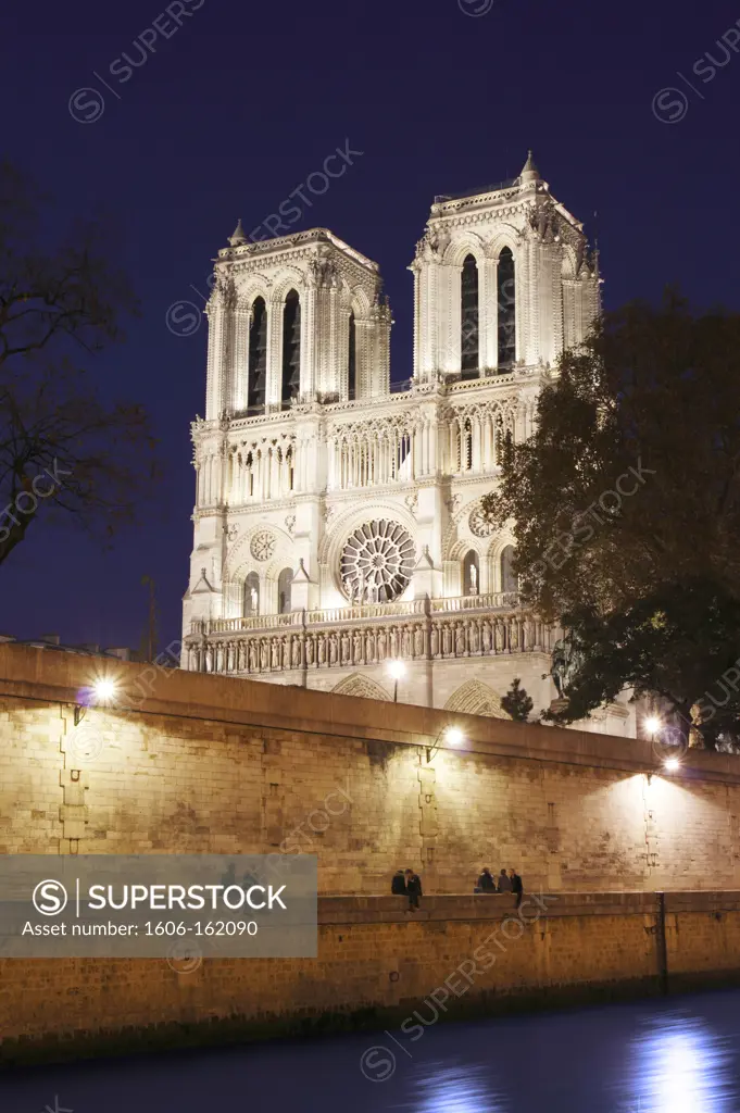 France,Paris,4th, Ile de la Cité,the cathedral Notre Dame and la Seine at night