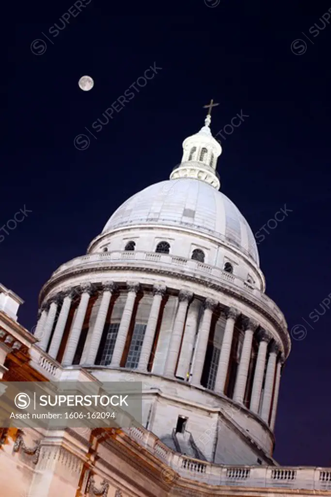 France,Paris, 5th,The Pantheon at night, full moon over the dome
