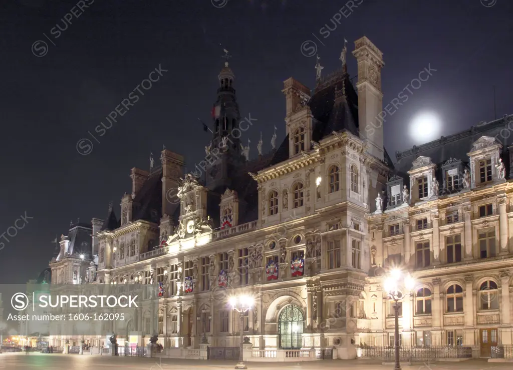 France,Paris, 4th, Hotel de Ville at night