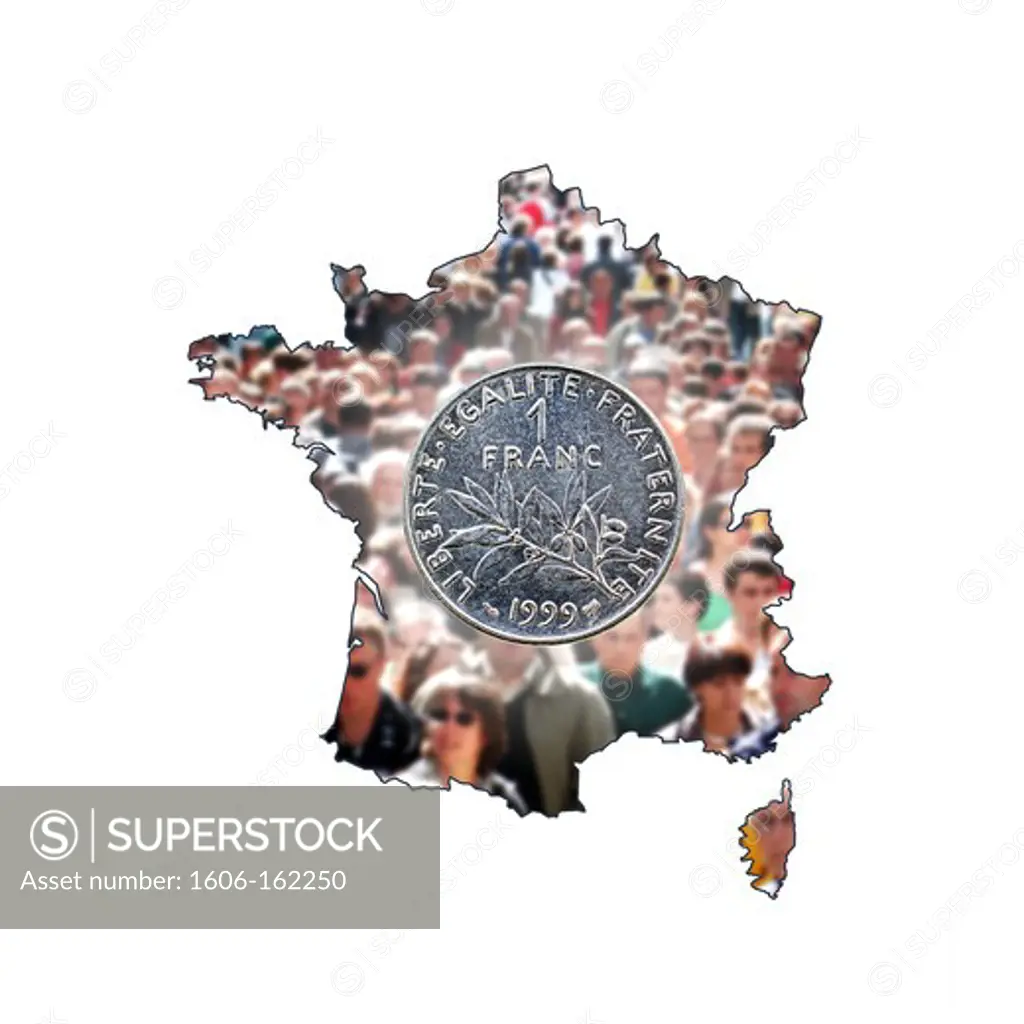 Piece of a Frank embedded into a picture of blur crowd contained in the drawing of a map of France. 1999: introduction of the euro as legal tender. 2002: removal of the franc.