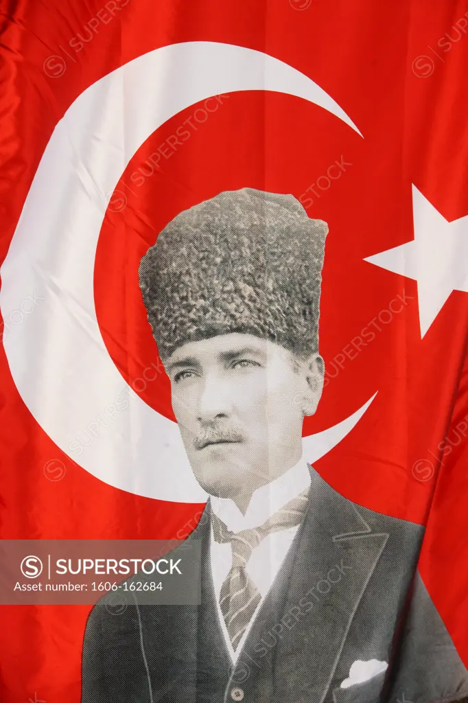 Turkish flag with a portrait of Ataturk. Istanbul. Turkey. (Istanbul, Marmara, Turquie)