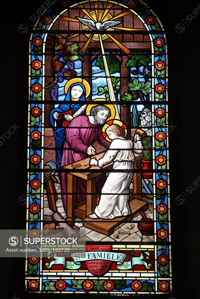 Stained glass depicting Jesus in his father's workshop Les Houches. France. (Les Houches, Haute-Savoie, France)