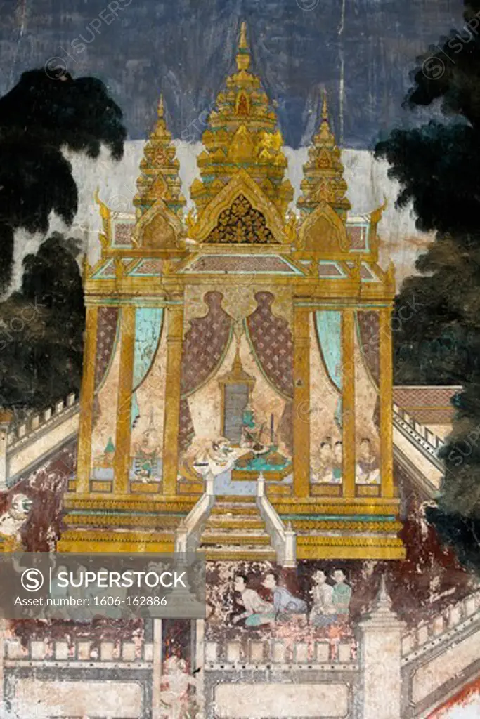 The interior of the Silver pagoda compound walls is covered with murals depicting stories from the Reamker, i.e. the Khmer version of the classic Indian epic, the Ramayana. Some sections of the murals are deteriorated and weather damaged. The murals ...