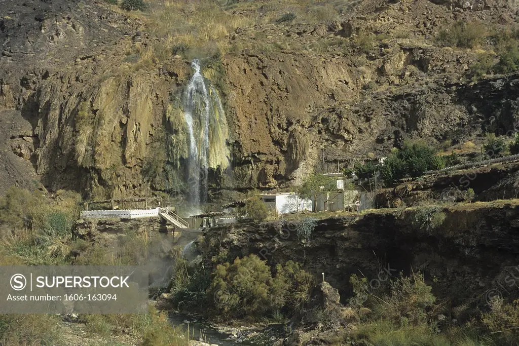 Jordan, Ma'In springs, Waterfall and spa, yellow rock and steam