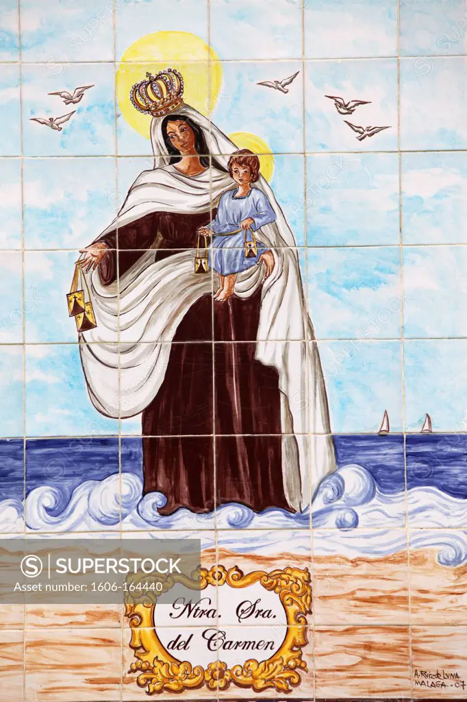 Senora del Carmen azulejo mosaic panel . Malaga. Spain.