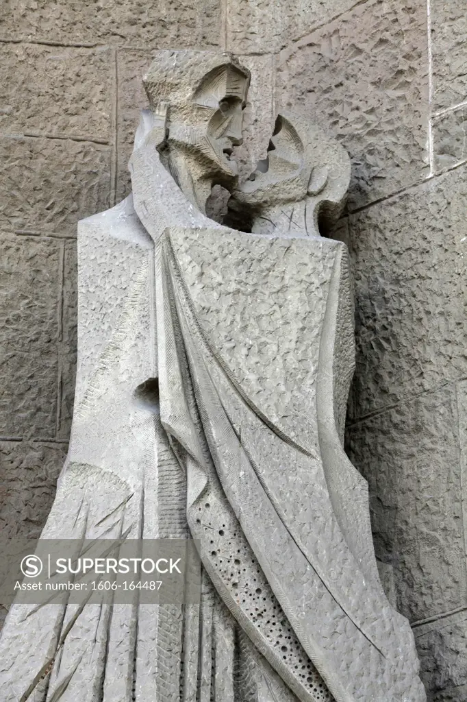 The Temple of the Sagrada Familia - Passion Façade - the kiss of Judas . Barcelona. Spain.