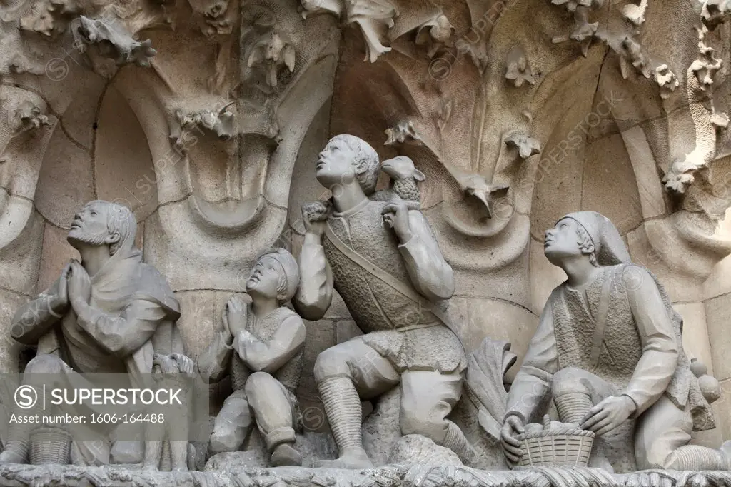 The Temple of the Sagrada Familia - Nativity Façade - The adoration of the shepherds . Barcelona. Spain.