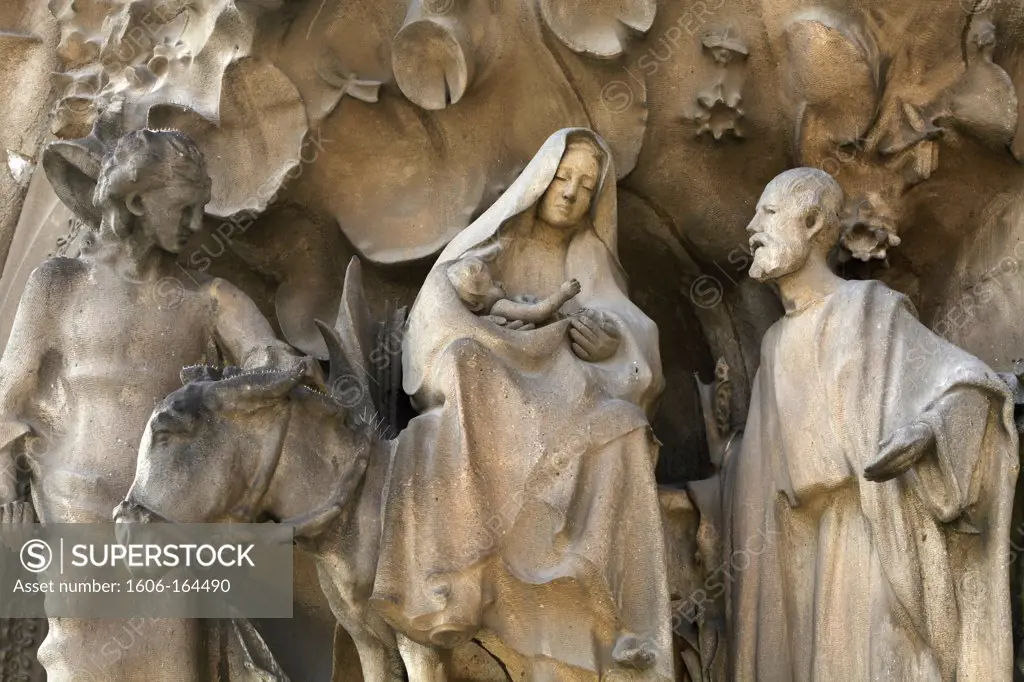 The Temple of the Sagrada Familia - Nativity Façade - Hope Portico - the flight to Egypt . Barcelona. Spain.