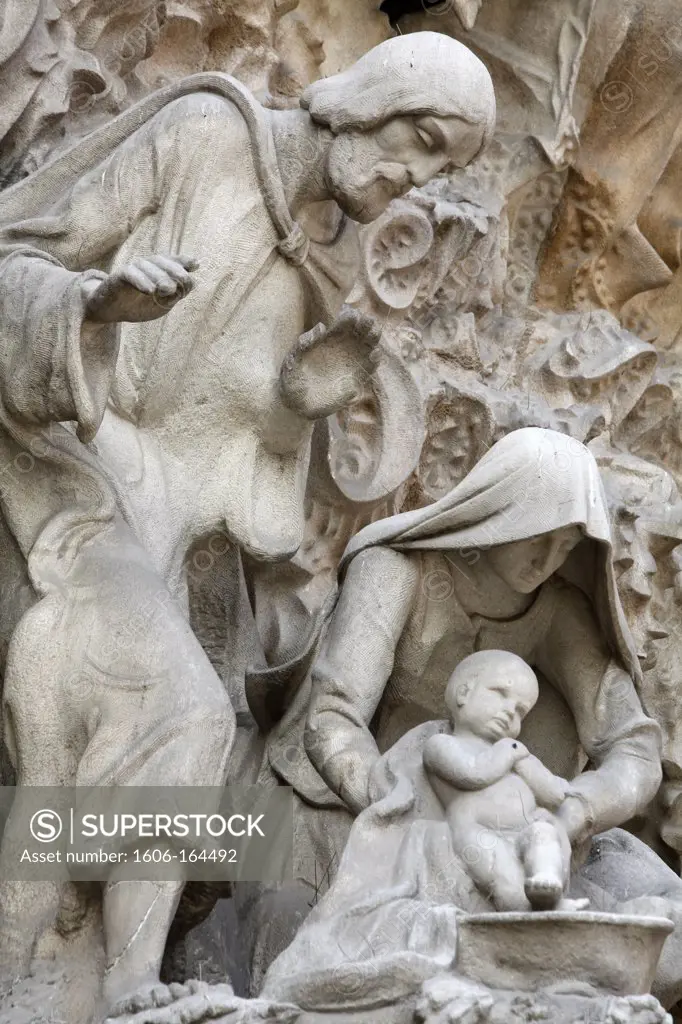 The Temple of the Sagrada Familia - Nativity Façade - sculptural group of the Nativity (sculptor Joan Busquets) . Barcelona. Spain.
