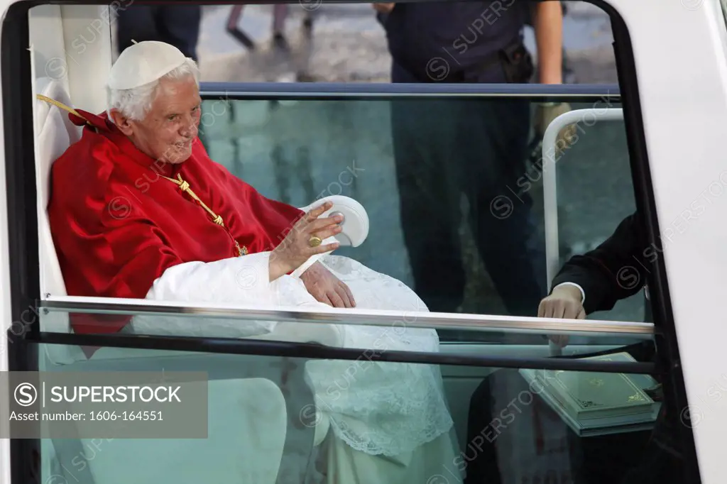 Pope Benedict XVI at Cybeles square during World Youth Day 2011 . Madrid. Spain.