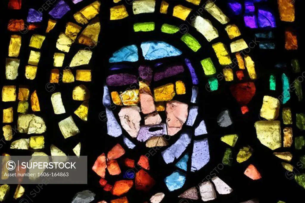 Notre-Dame des Alpes church. Santa Teresa stained glass by Alexandre Cingria. Le Fayet. France.