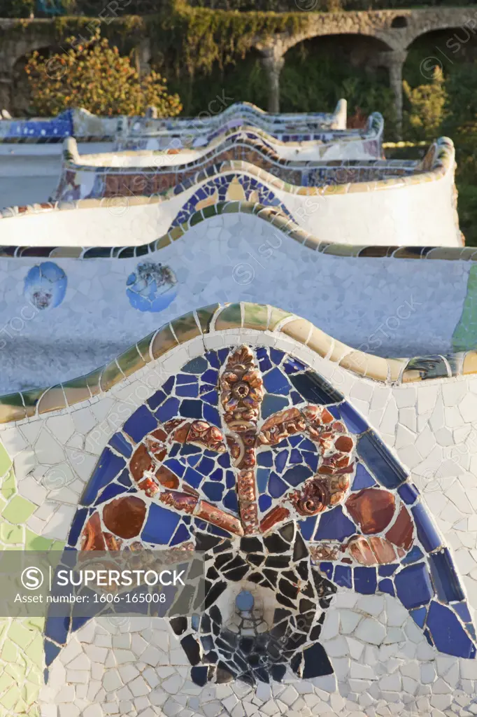 Spain,Barcelona,Guell Park,Mosaic detail of the Terrace Seats