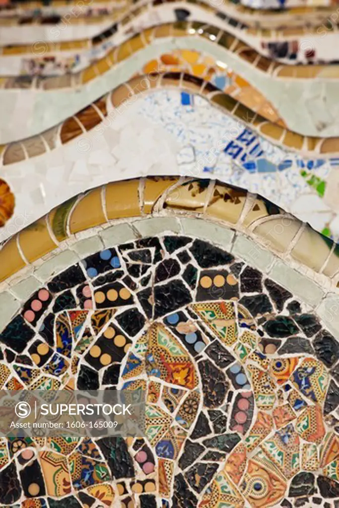 Spain,Barcelona,Guell Park,Mosaic detail of the Terrace Seats