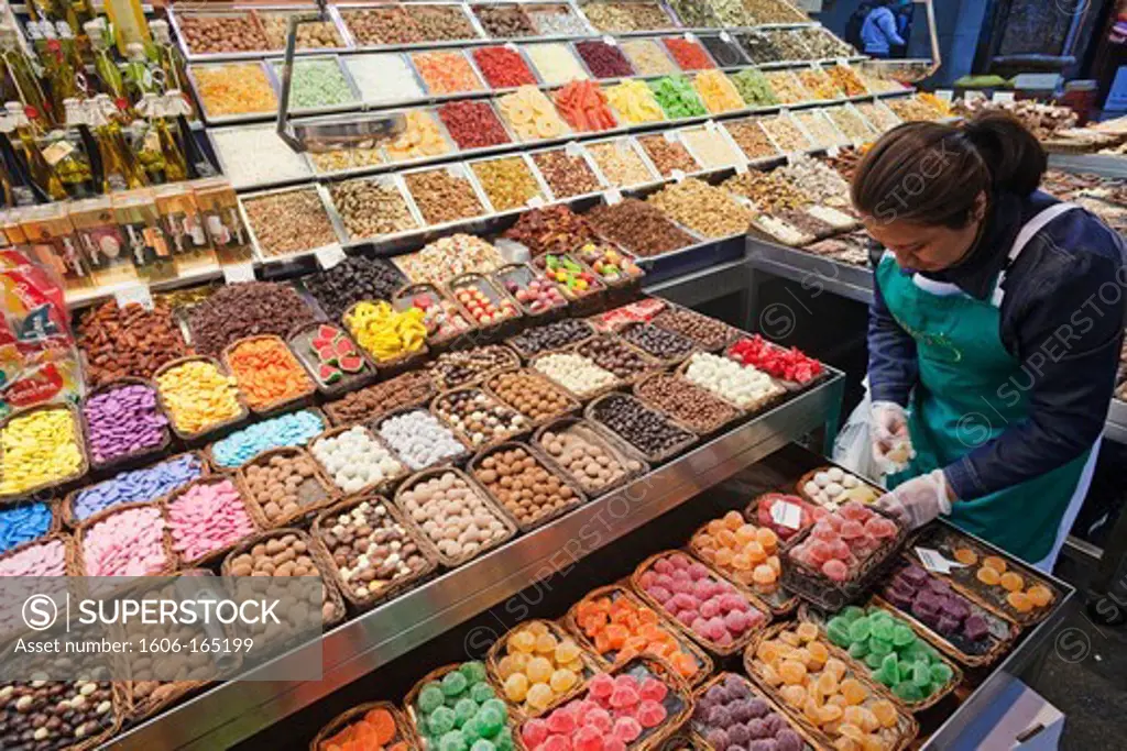 Spain,Barcelona,The Ramblas,La Boqueria Market,Chocolate and Candy Shop Display