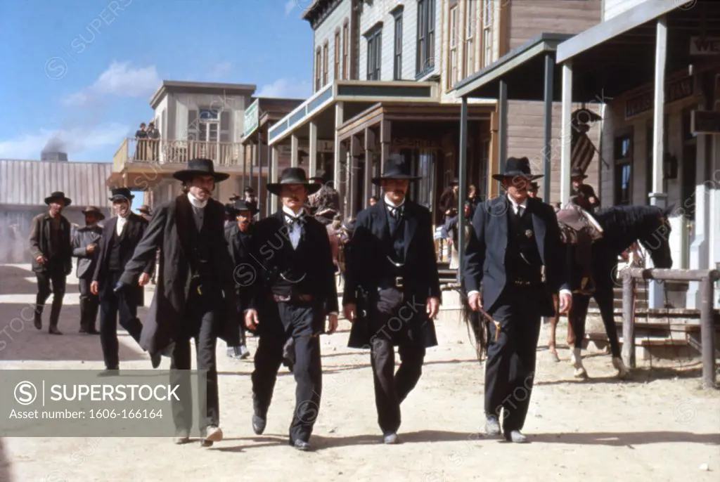 Dennis Quaid (Doc Holliday), Linden Ashby (Morgan Earp), Kevin Costner (Wyatt Earp) and Michael Madsen (Virgil Earp) , Wyatt Earp , 1994 directed by Lawrence Kasdan Warner Bros. Pictures