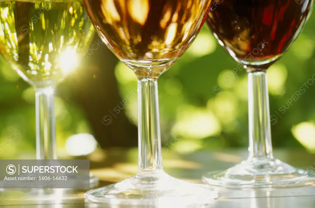 Close-up of three  stemmed glasses of wine (white, rosé and red) on table, outdoors, greenery