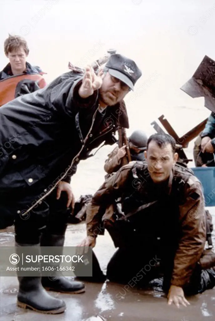 On the set, Steven Spielberg directs Tom Hanks , Saving Private Ryan , 1998 directed by Steven Spielberg Dreamworks LLC ,Paramount Pictures