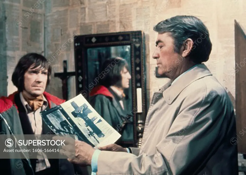 David warner and Gregory Peck , The Omen , 1976 directed by Richard Donner Twentieth Century Fox Film