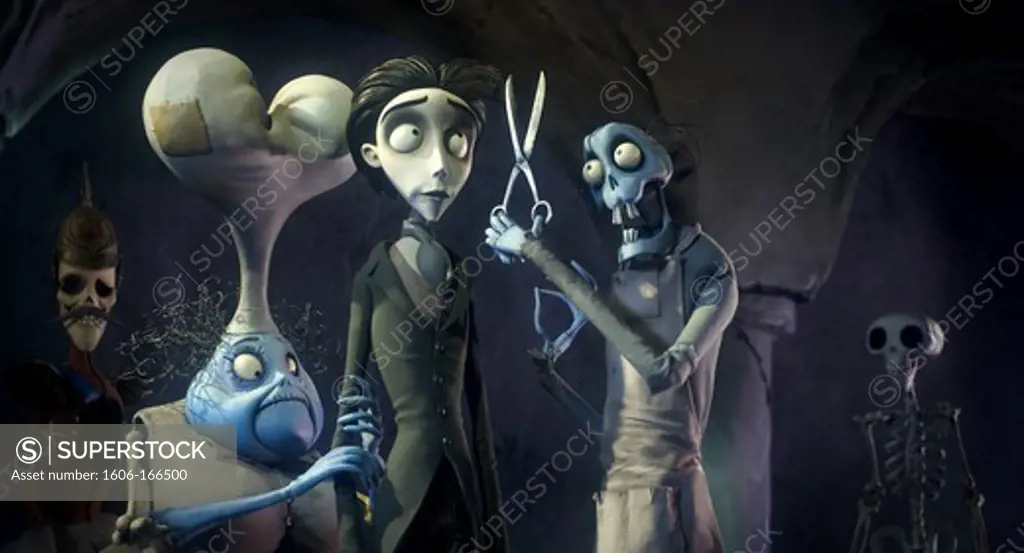 Mrs. Plum, voiced by JANE HORROCKS, Victor Van Dort, voiced by JOHNNY DEPP, and the Scissors Zombie , Corpse Bride , 2005 directed by Tim Burton WARNER BROS. PICTURES