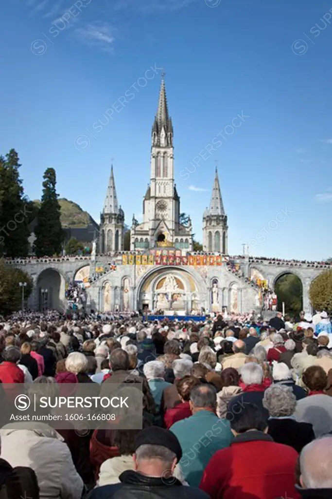 Southwestern France, Lourdes, basilicas of Our Lady of the Immaculate Conception and of our Lady of the Rosary, mass