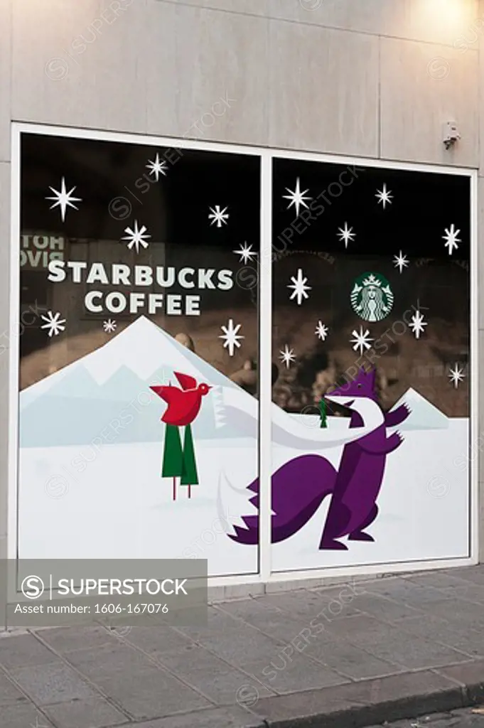 France, Paris, Starbucks coffee, shop window with Christmas  decoration
