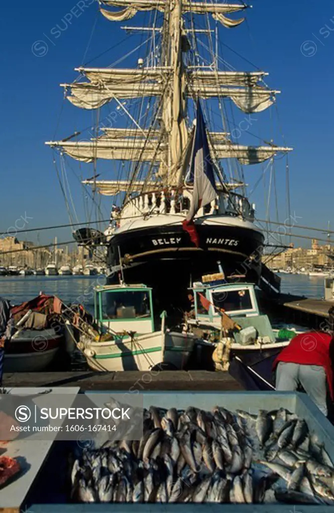 France, Fish market on the old port, Belem three-masted ship