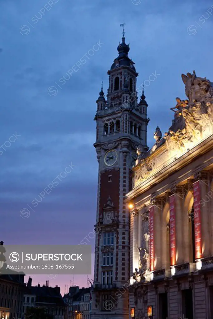 France, Lille, belfry in the old city center, dusk