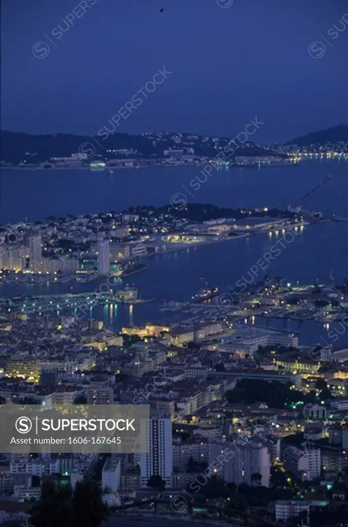 France, Toulon, the bay and the naval base, at night