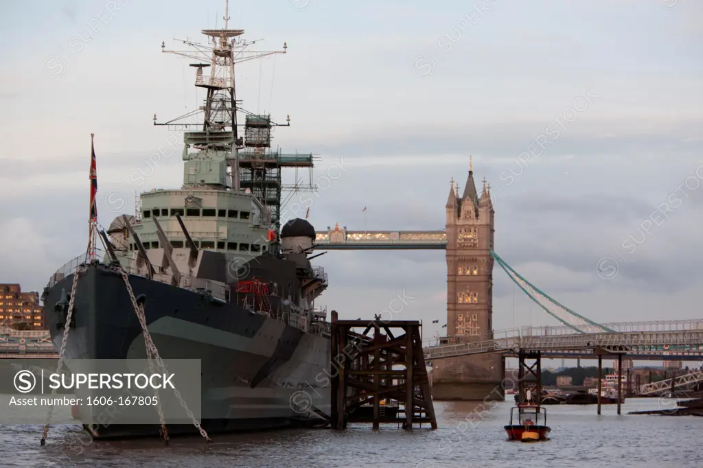 United Kingdom, England, London, The HMS Belfast and the tower bridge on the river Thames