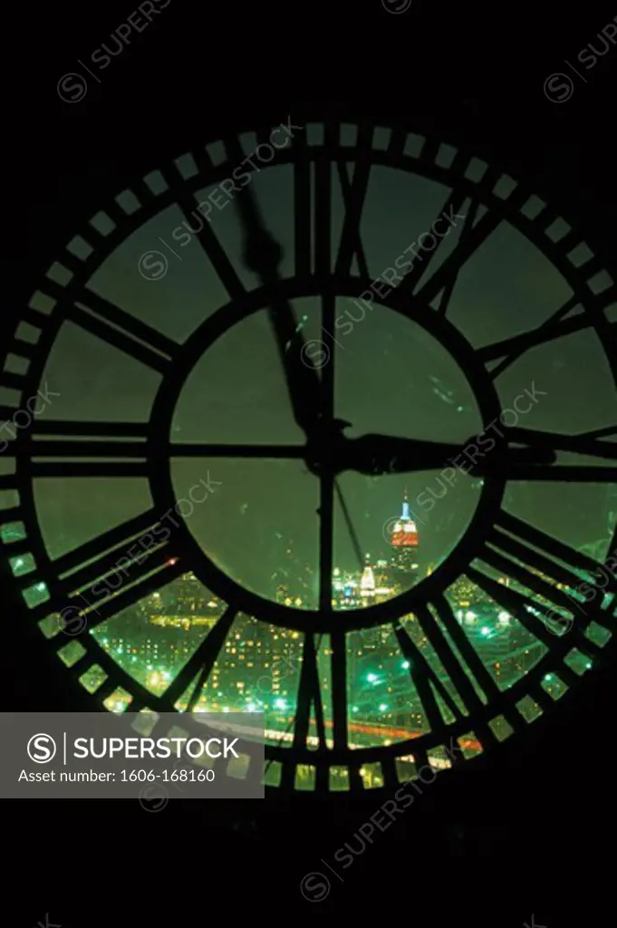 New York - United States, Dumbo, Brooklyn, Manhattan skyline seen through the Clock tower at night