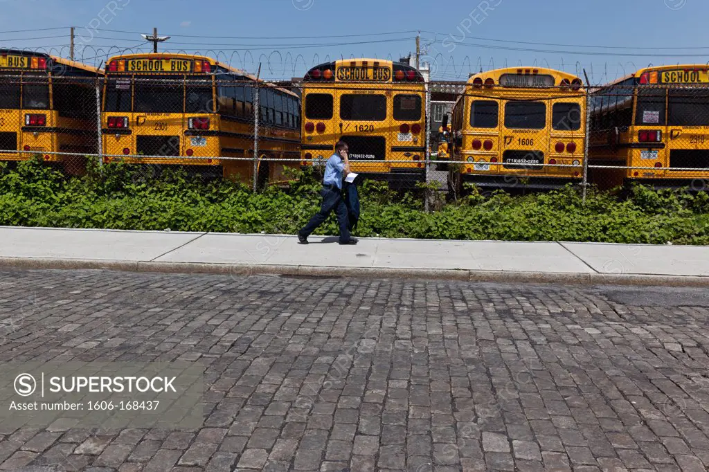 New York - United States, Red Hook, Brooklyn, the old docks are becoming a trendy area, school buses parked