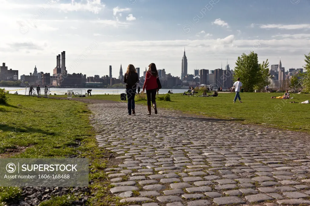 New York - United States, East river park, BEDT, former palmer docks has a view on Manhattan skyline in Williamsburg, Greenpoint, Brooklyn