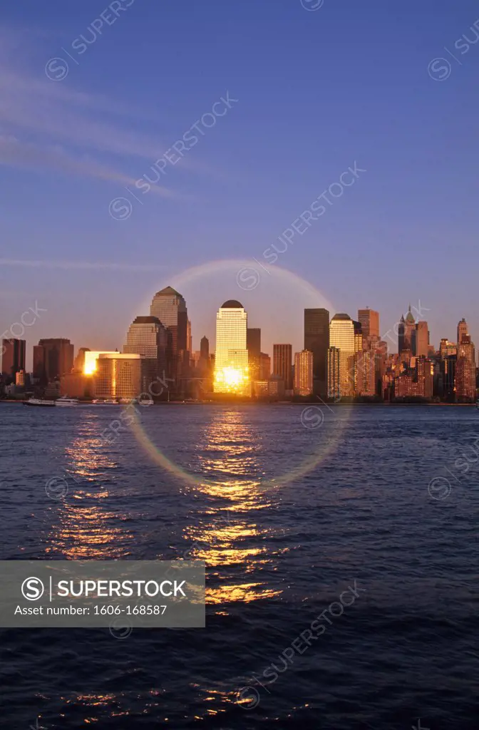 New York - United States, Downtown Manhattan, without the towers of the World Trade Center on Hudson river view from Grundy park exchange place New Jersey at sunset